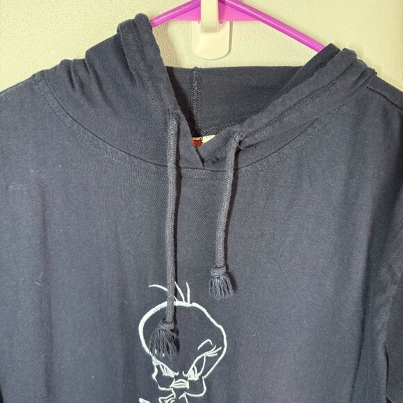 VTG Looney Tunes Embroided Tweety Hooded Sweatshirt Women L Navy Blue 1/4 Sleeve - Picture 3 of 10